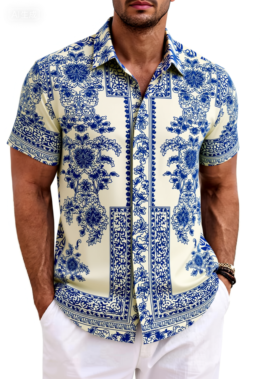 Blue and White Porcelain Cotton Shirt