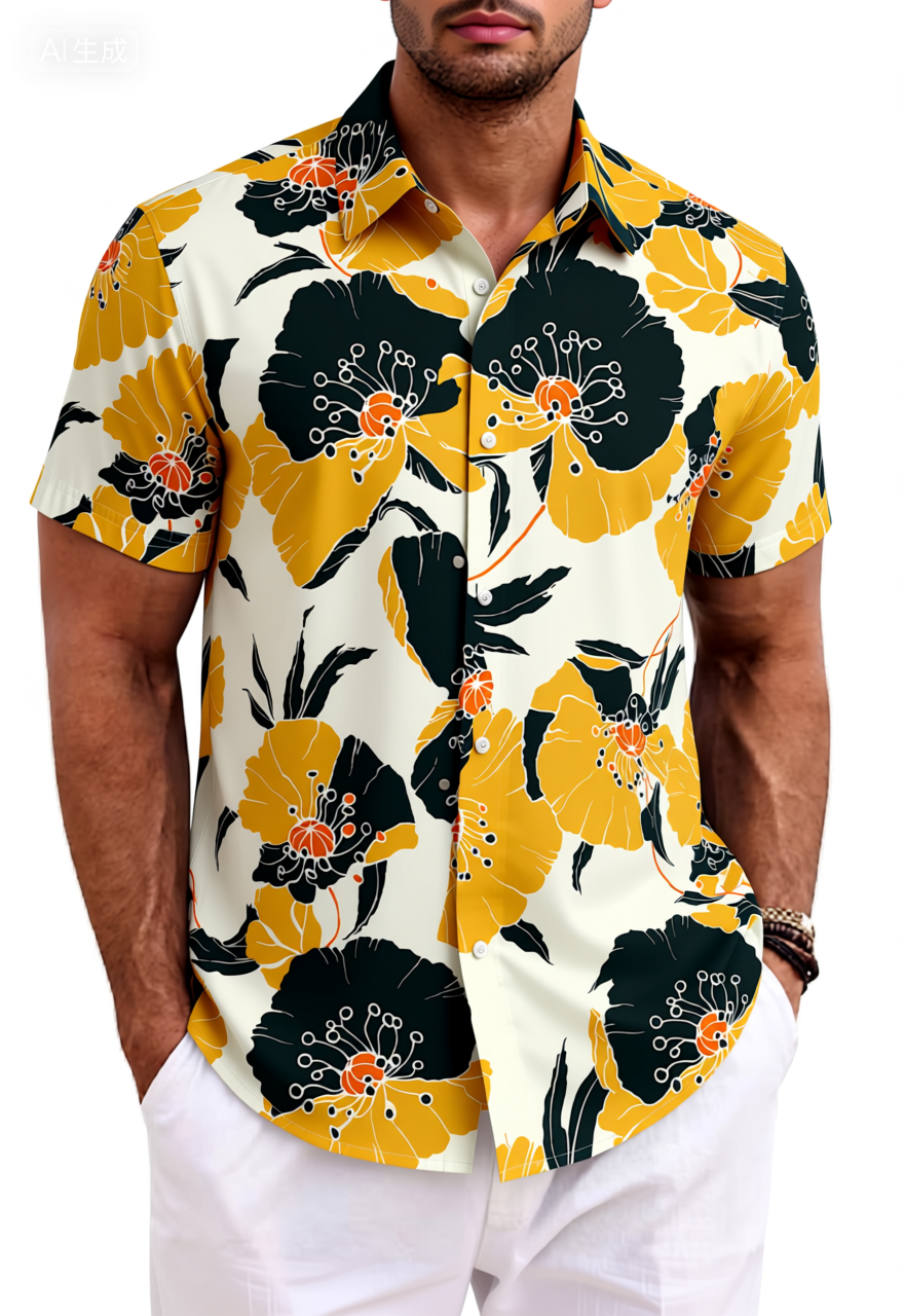 Bold Yellow Black Poppy Print Cotton Shirt