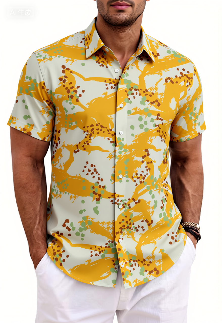 Yellow Brushstroke Dot Print Cotton Shirt