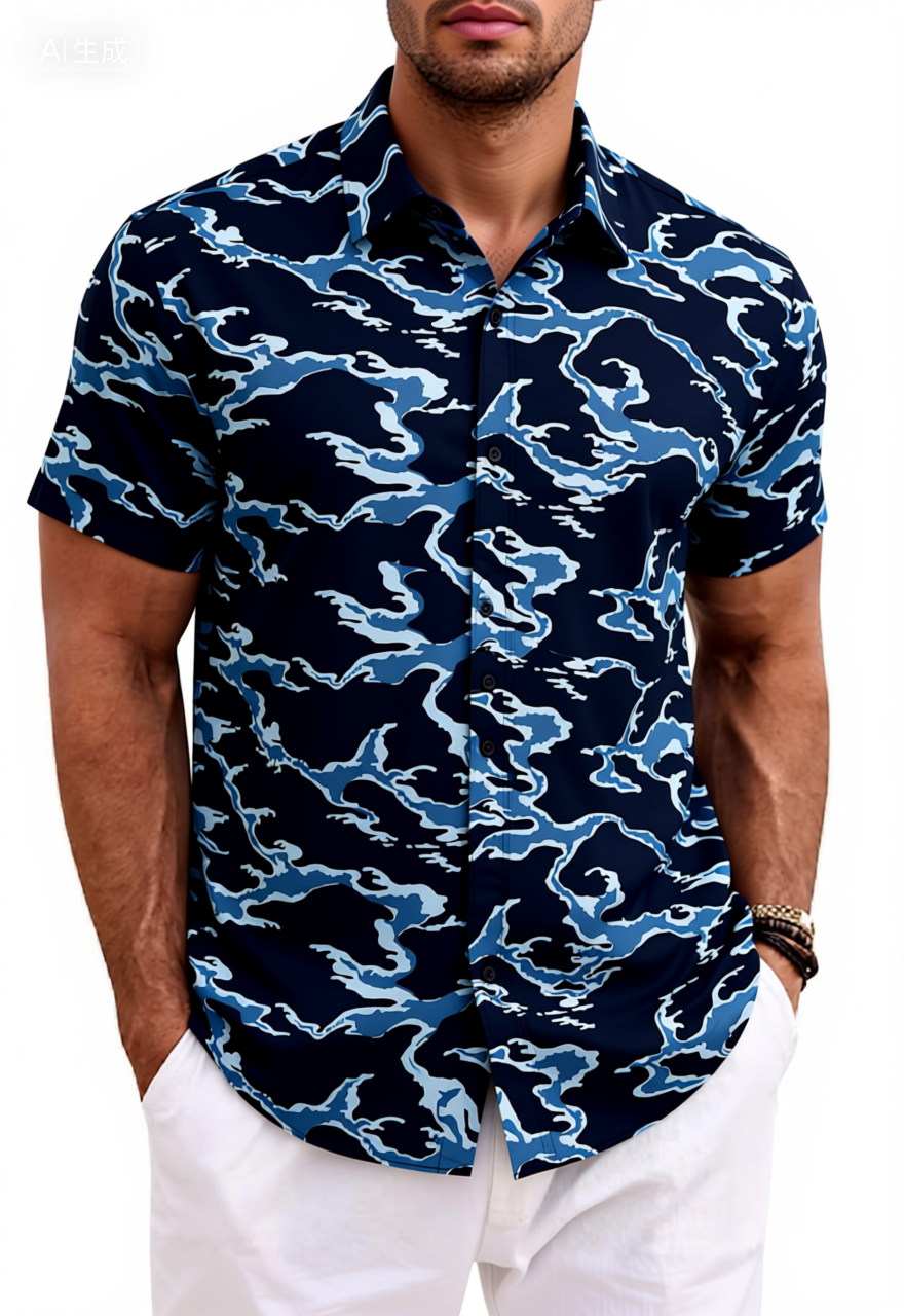 Blue Wave Camouflage Print Cotton Shirt