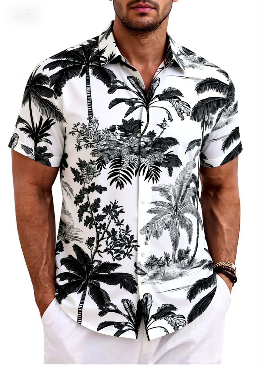 Black White Palm Tree Print Cotton Shirt