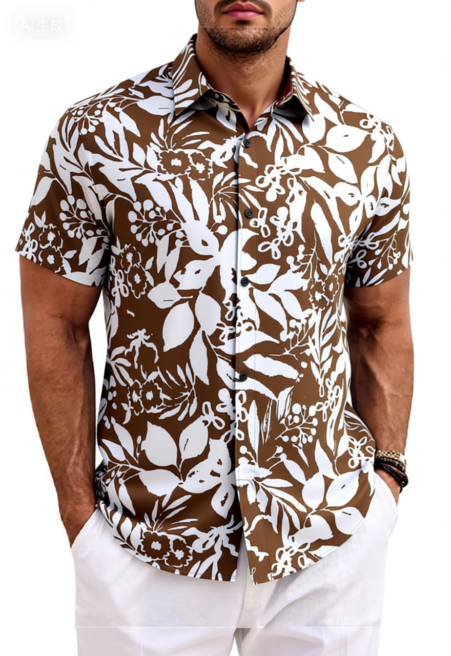 Brown White Floral Silhouette Cotton Shirt