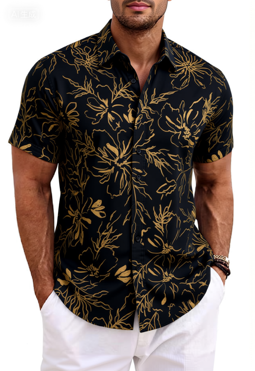 Black Gold Line Art Floral Cotton Shirt