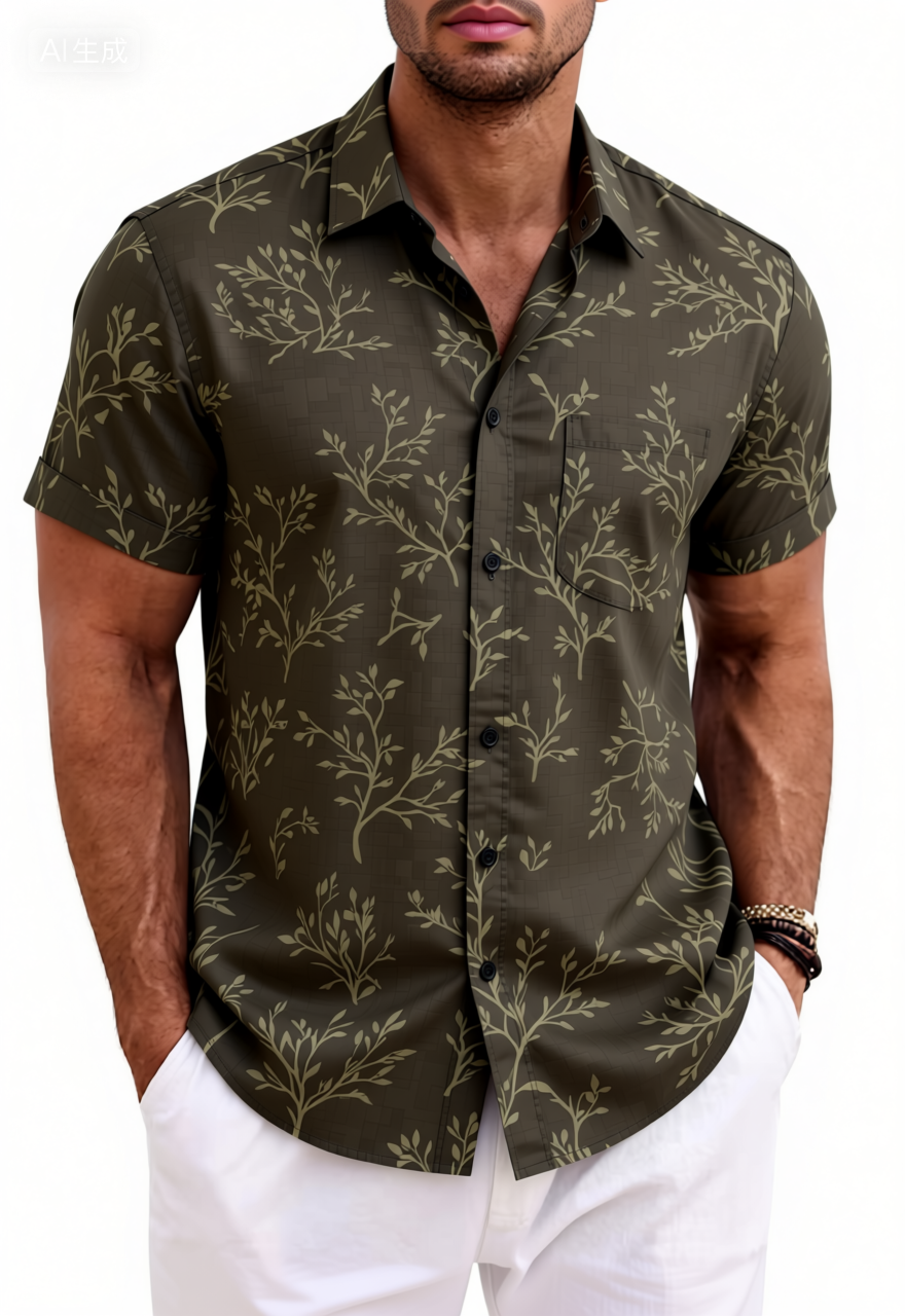 Olive Green Branch Leaf Cotton Shirt