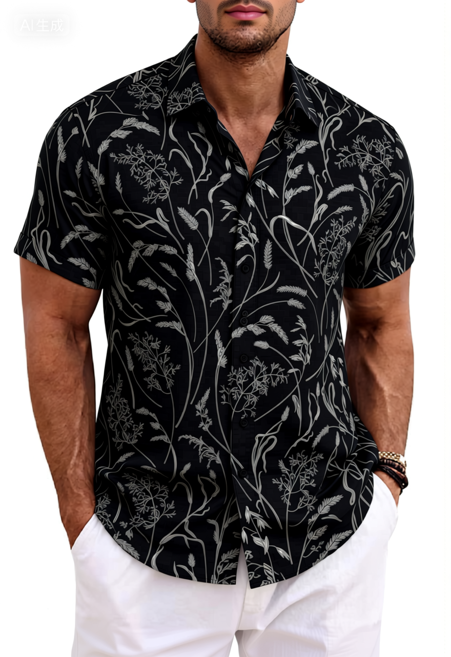 Black Grey Wild Grass Botanical Cotton Shirt