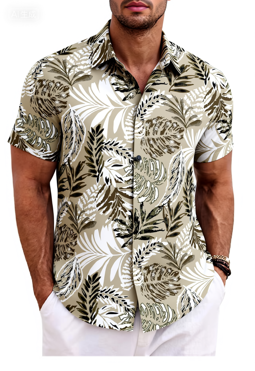Beige Tropical Monstera Leaf Cotton Shirt
