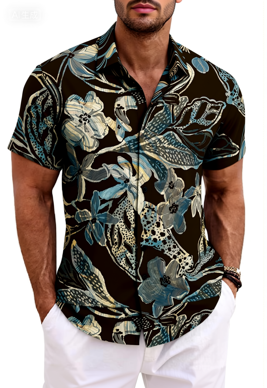 Blue Brown Retro Floral Cotton Shirt