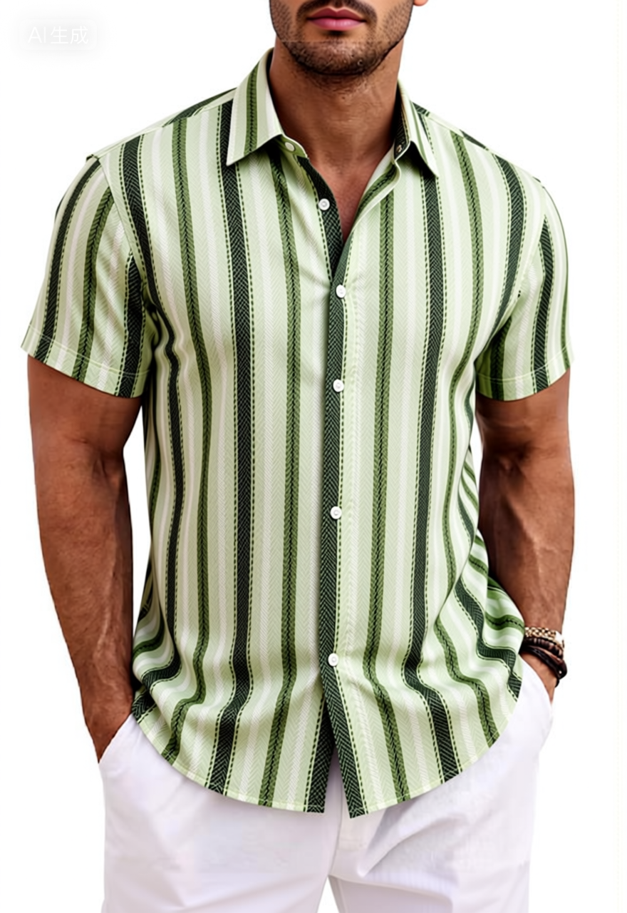 Green White Vertical Stripe Cotton Shirt