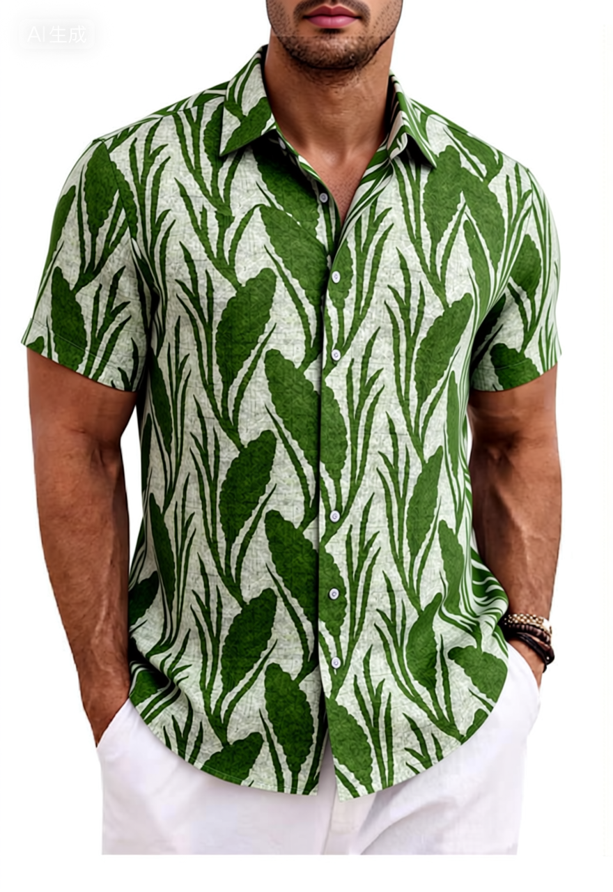 Green White Tropical Grass Print Cotton Shirt