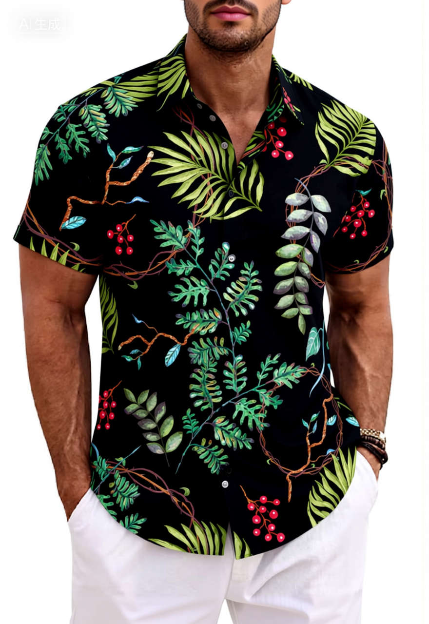 Tropical Fern & Red Berry Print Cotton Shirt