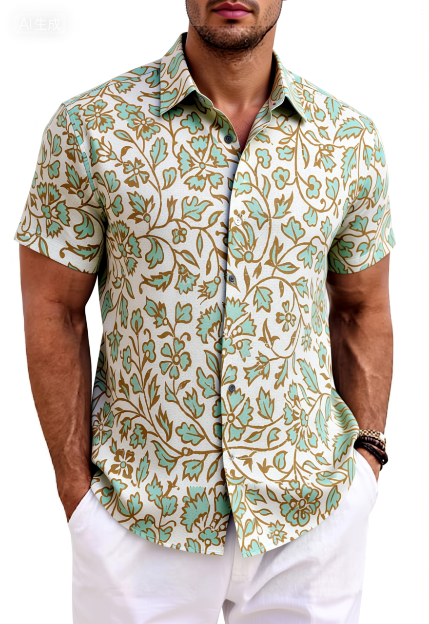 Teal Gold Vintage Floral Cotton Shirt