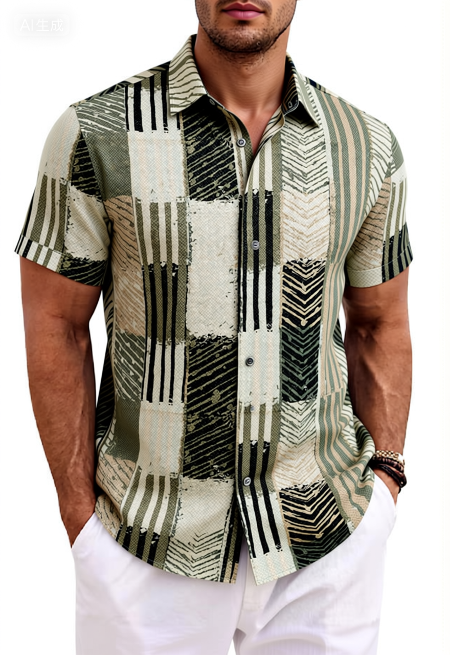 Olive Green Plaid Stripe Cotton Shirt