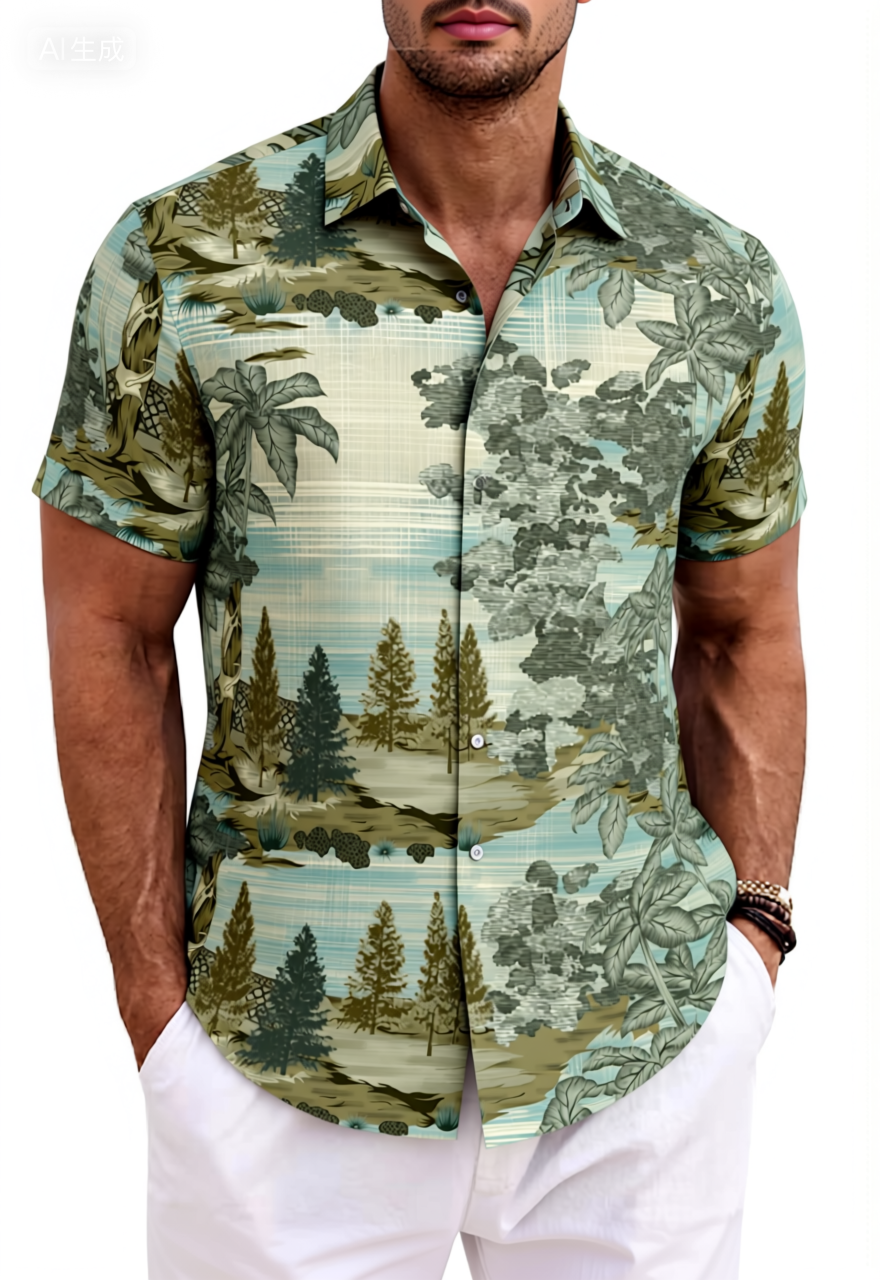 Vintage Jungle Landscape Print Cotton Shirt