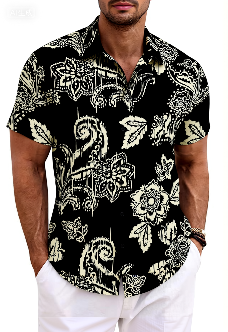 Black Cream Ikat Paisley Cotton Shirt