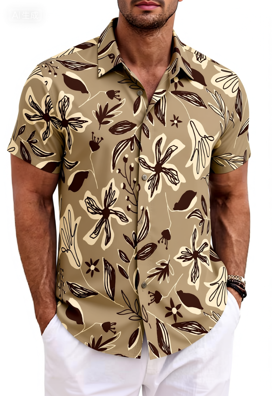 Khaki Brown Line Art Floral Cotton Shirt