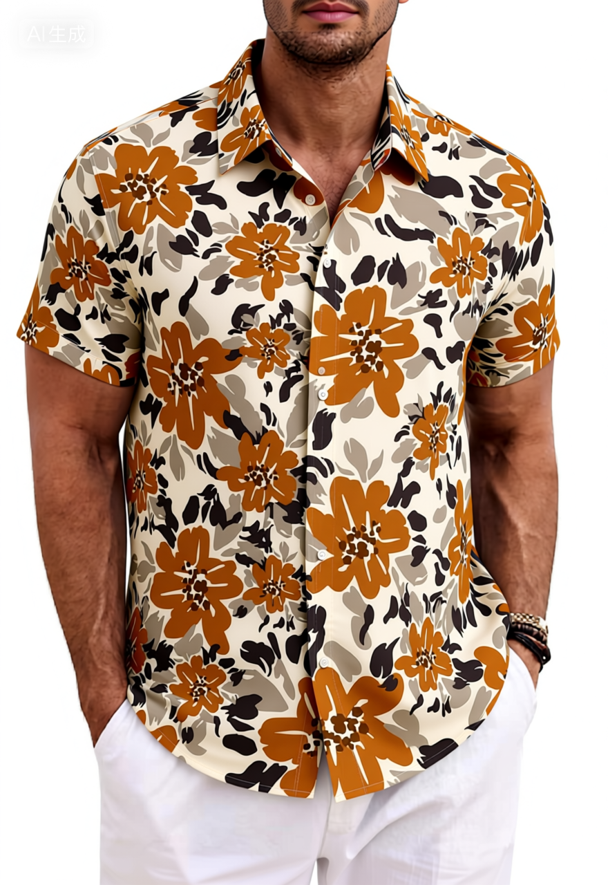 Orange Brown Bold Floral Cotton Shirt