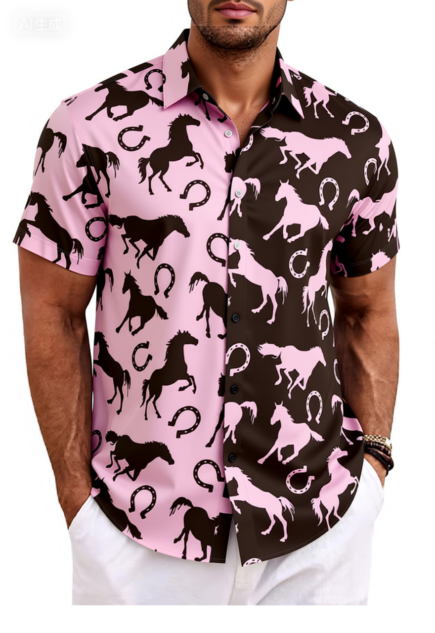 Pink Brown Horse Silhouette Cotton Shirt