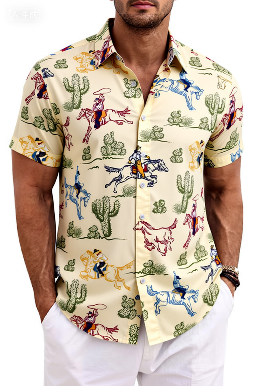 Desert Cowboy & Cactus Print Cotton Shirt