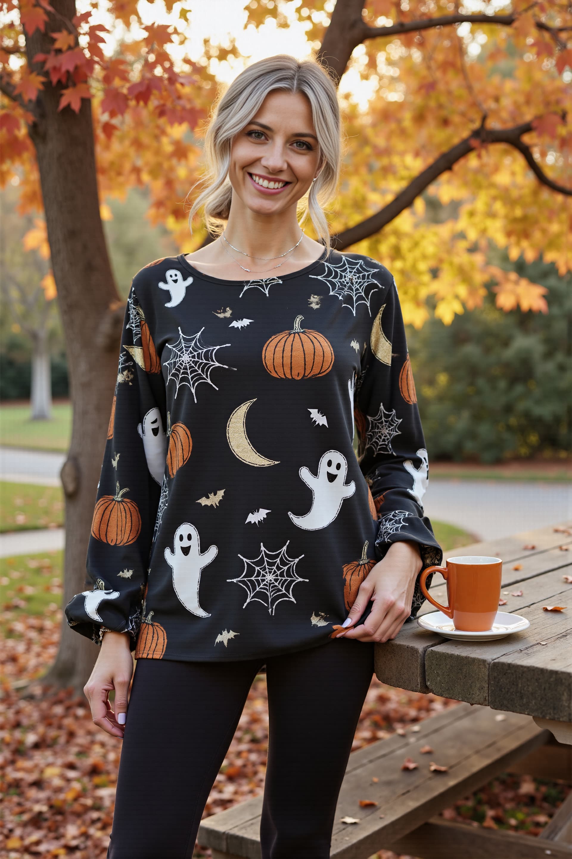 Halloween Women's Pumpkin Vintage Print Crew Neck Long Sleeve T-shirt  
