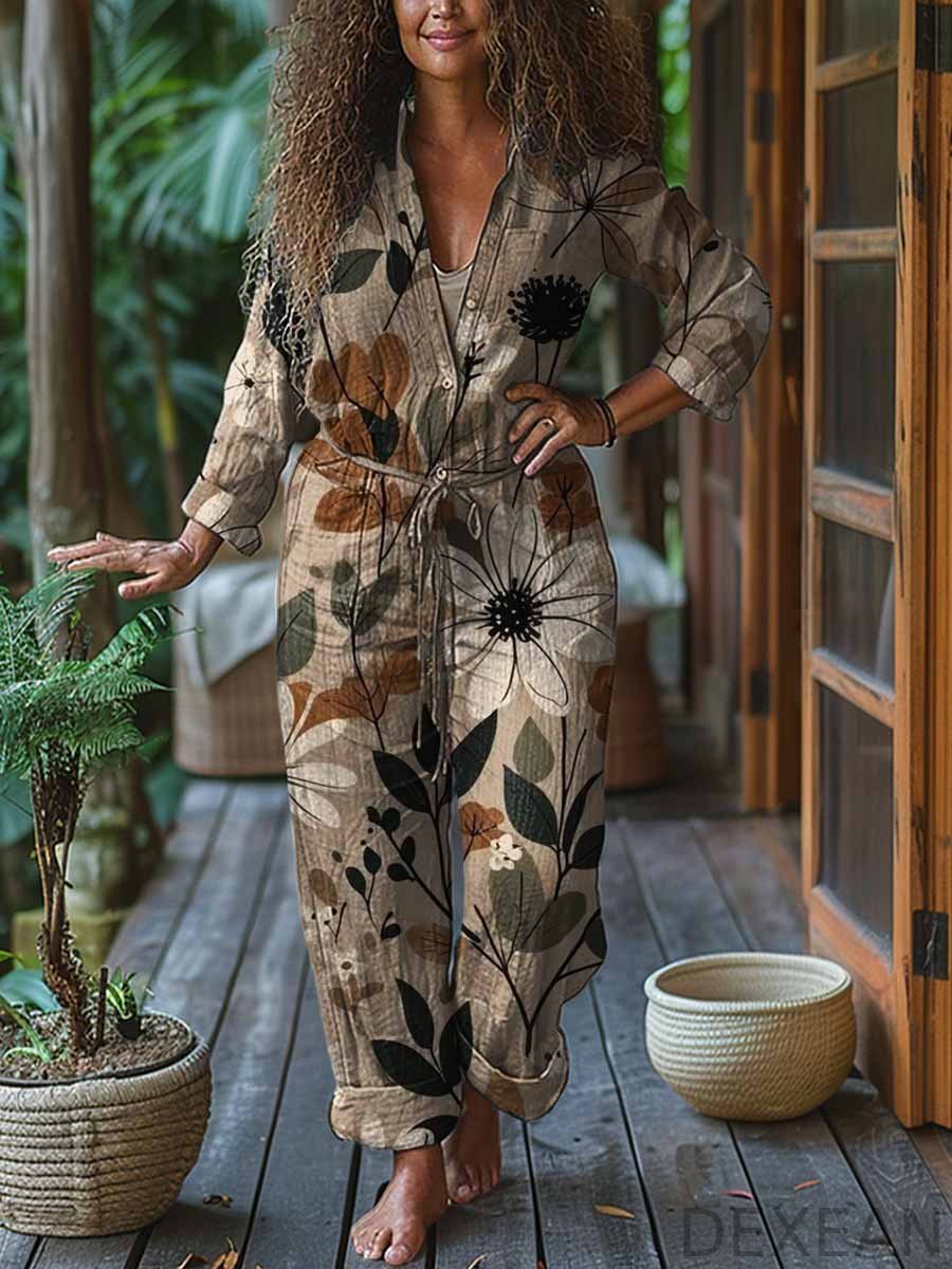 Women's Botanical Print Casual Cotton Wide Leg Jumpsuit