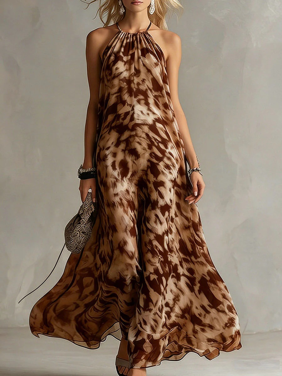 Elegant Urban Navy Blue Impression Print Chiffon Halter Maxi Dress