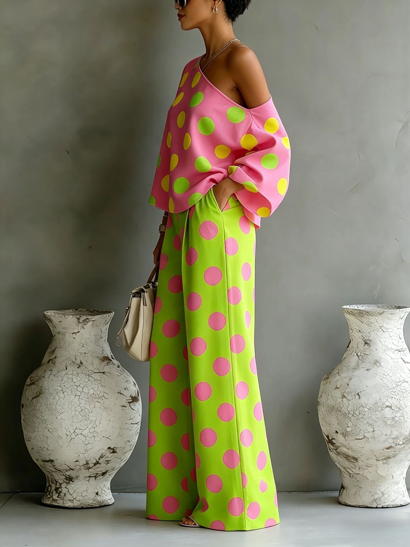 Women's Colorful Polka-Dot Off-Shoulder Flowy Two-Piece Set