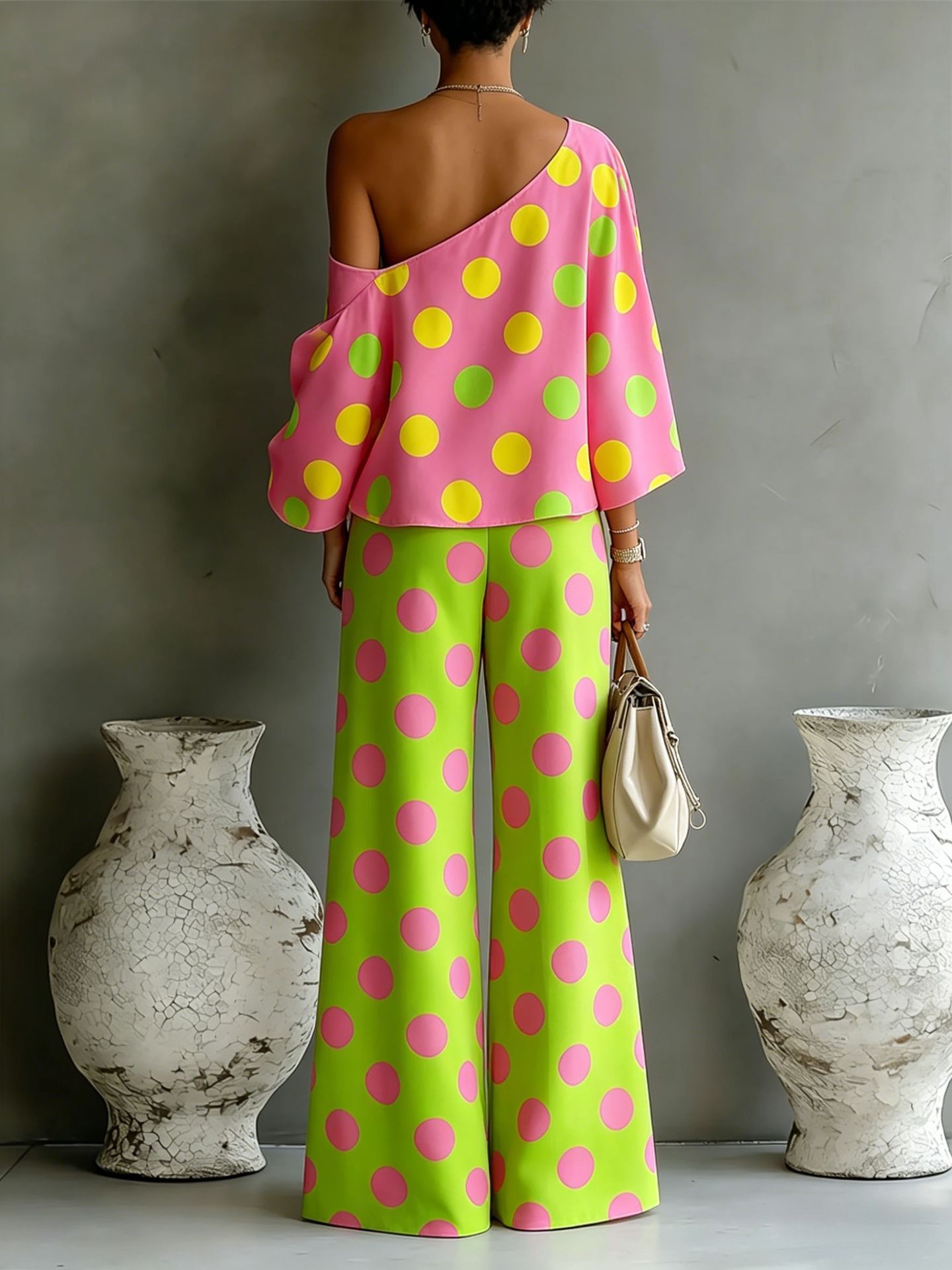 Women's Colorful Polka-Dot Off-Shoulder Flowy Two-Piece Set