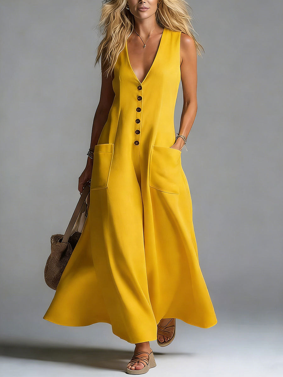 Sleeveless Button-Front Maxi Dress