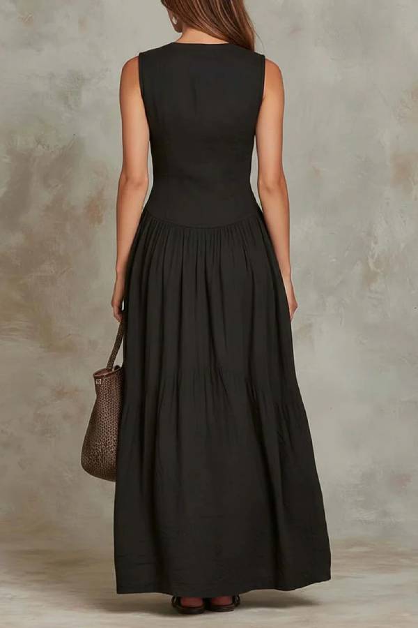 Black Sleeveless Maxi Dress With Pocket Buttons