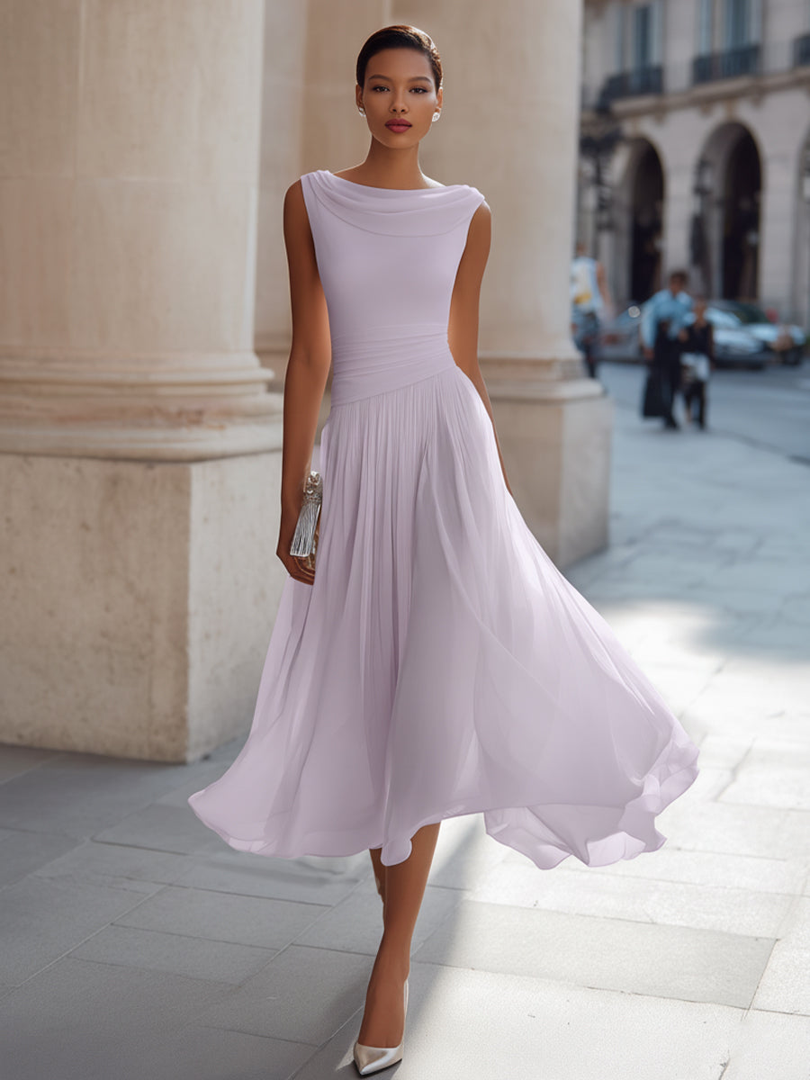 Draped Neck Sleeveless Pleated Midi Dress