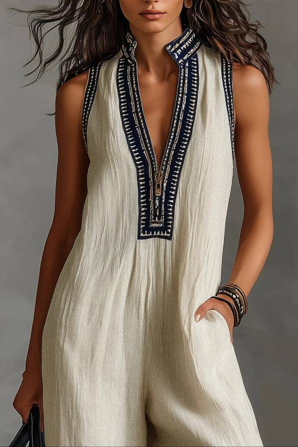 Minimalist stand-up collar zipper sleeveless jumpsuit