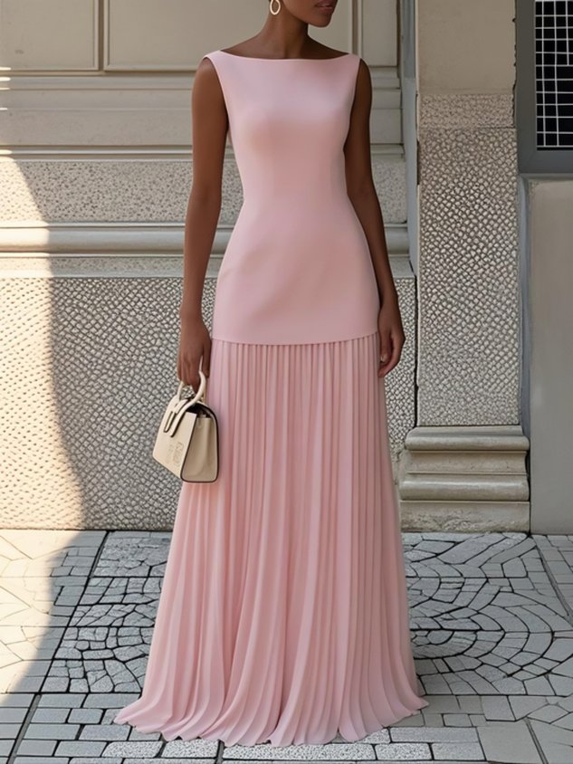 Off White Pleated Classic Boat Neck Sleeveless A-Line Floor-length Gown Dress