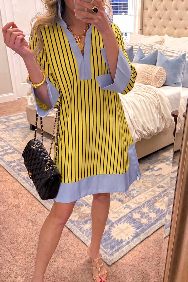 Women’s Striped V-Neck Three-Quarter Sleeve Casual Loose Cotton-Linen Dress