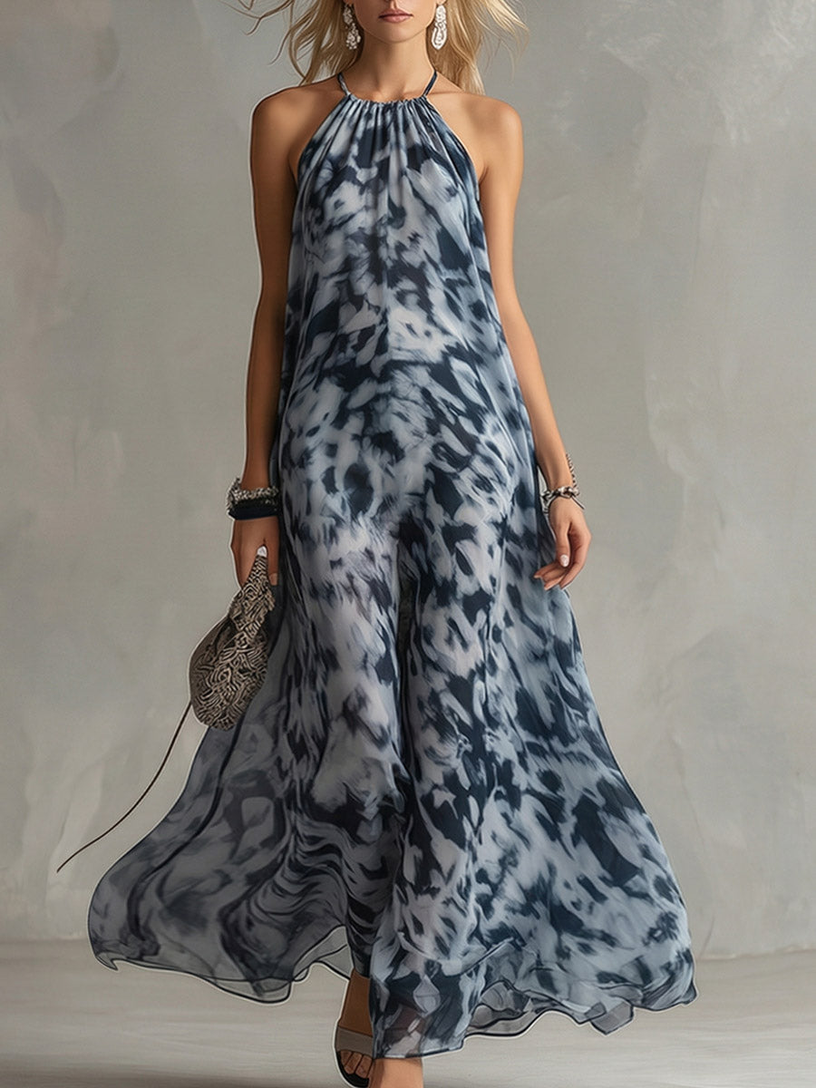 Elegant Urban Navy Blue Impression Print Chiffon Halter Maxi Dress