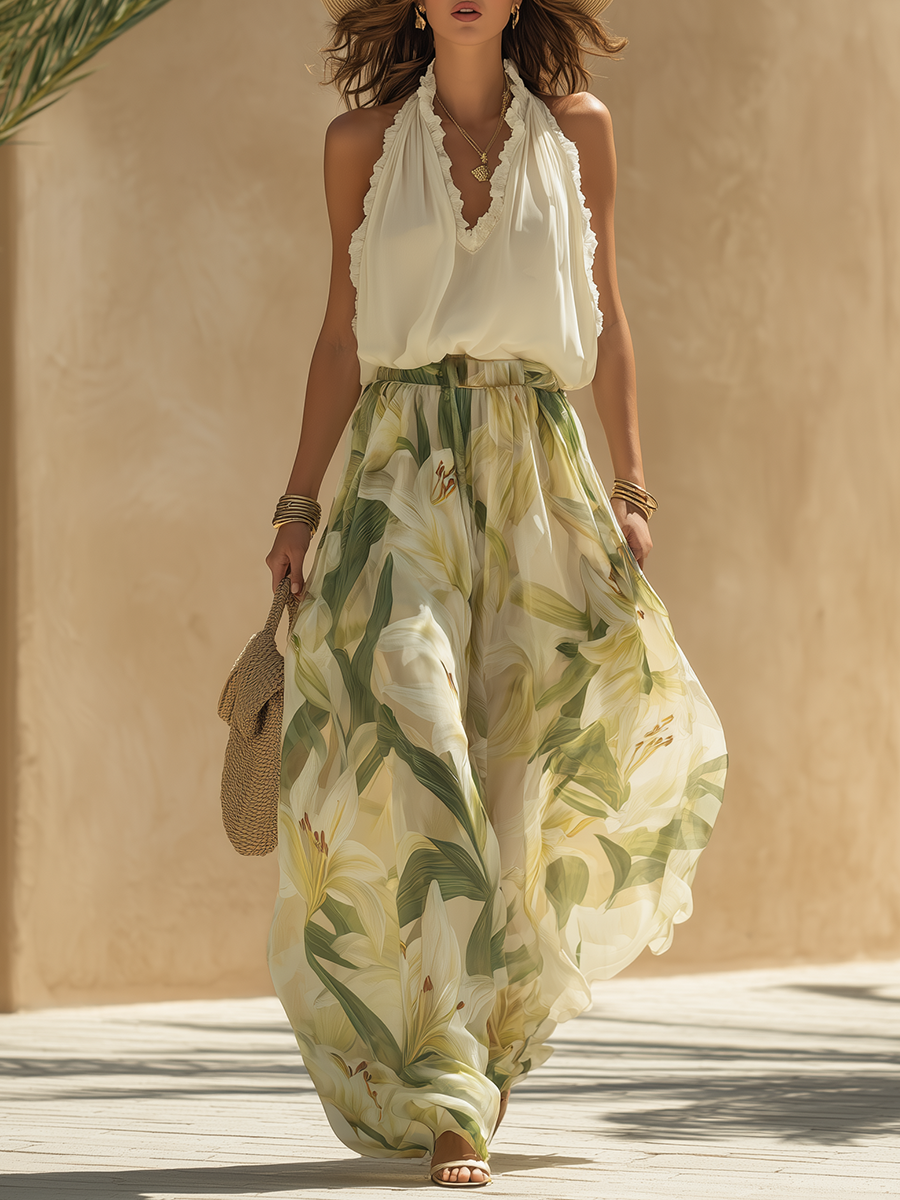 Romantic Vacation Chiffon Ruffled Sleeveless Top And Lily Print Pants Set