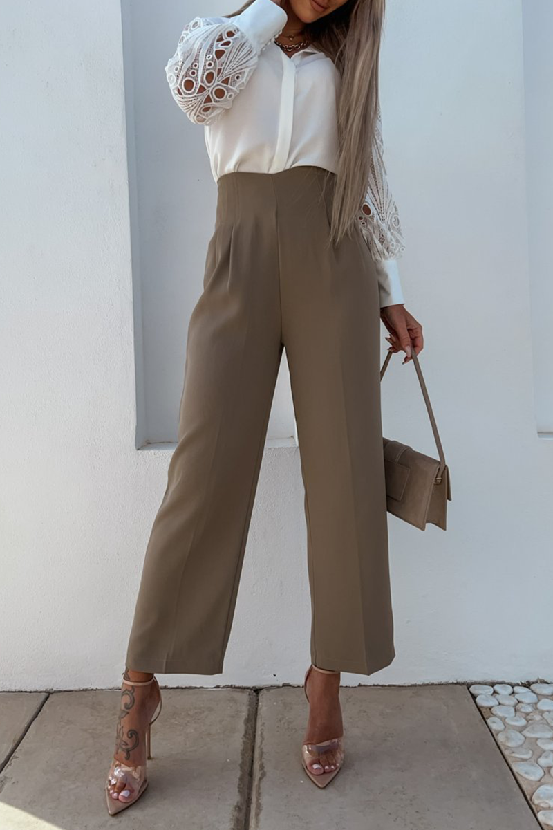 Casual Solid Lace Turndown Collar Tops