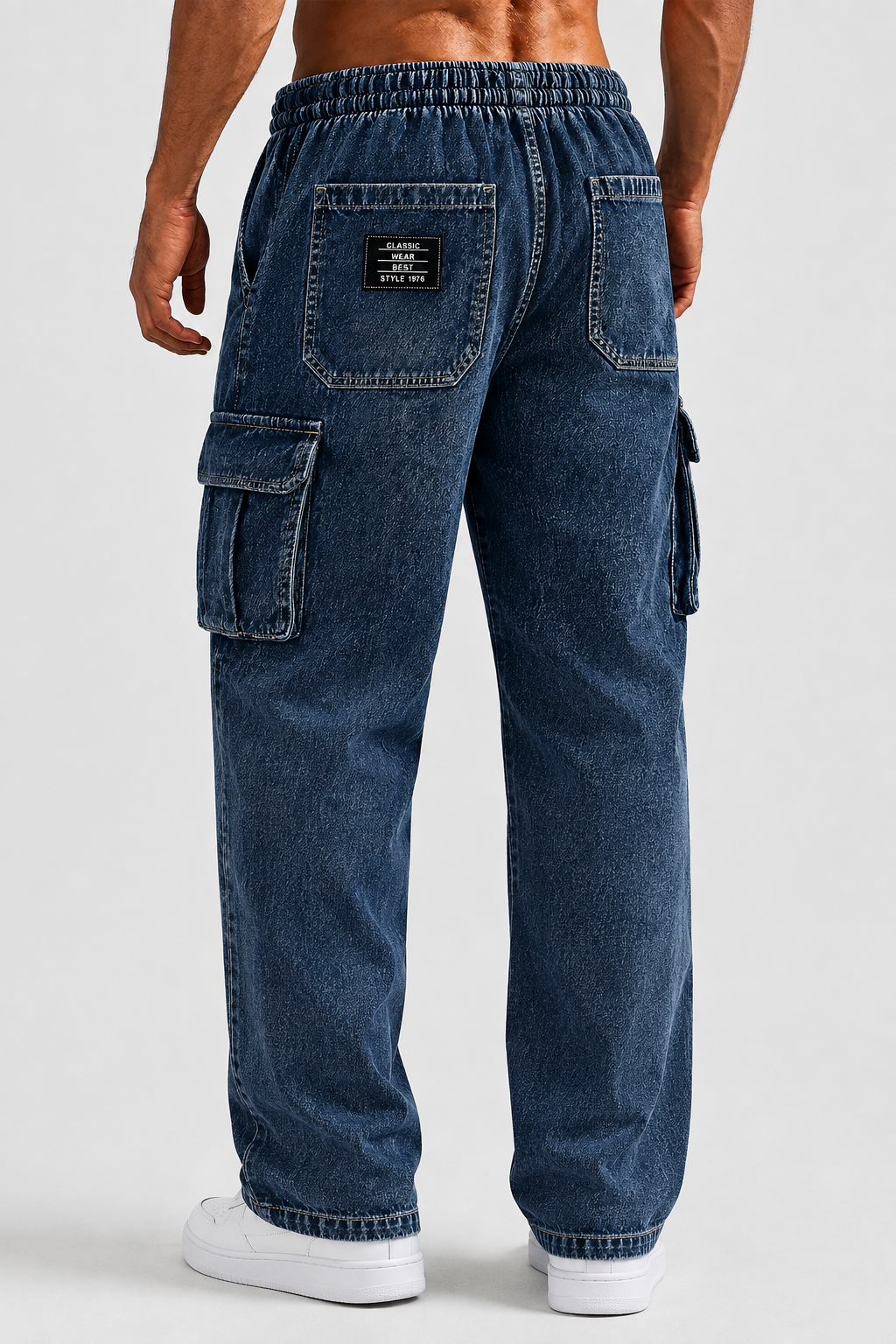 Men’s Vintage Washed Denim Multi-Pocket Drawstring Cargo Pants