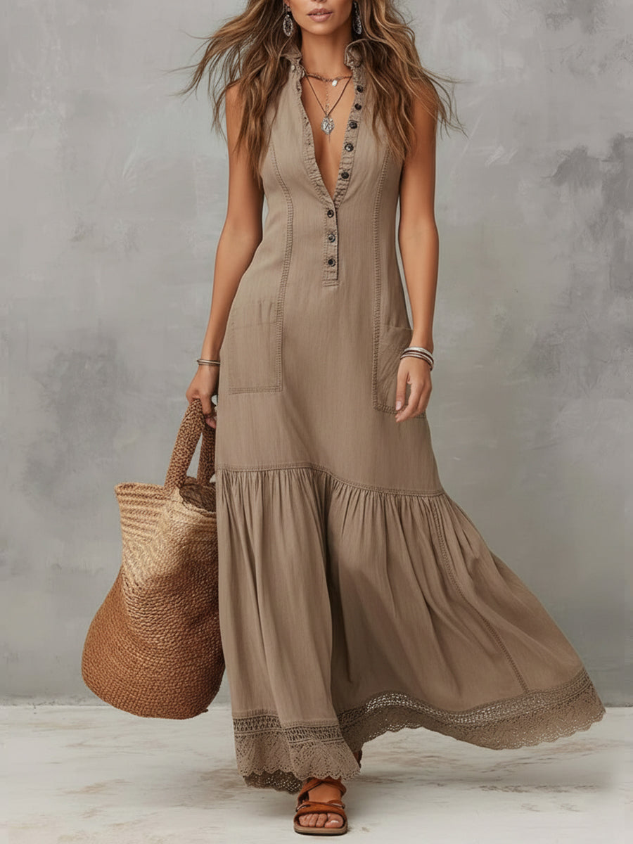 Casual Sleeveless Cotton Maxi Dress With Lace Trim At The Hem