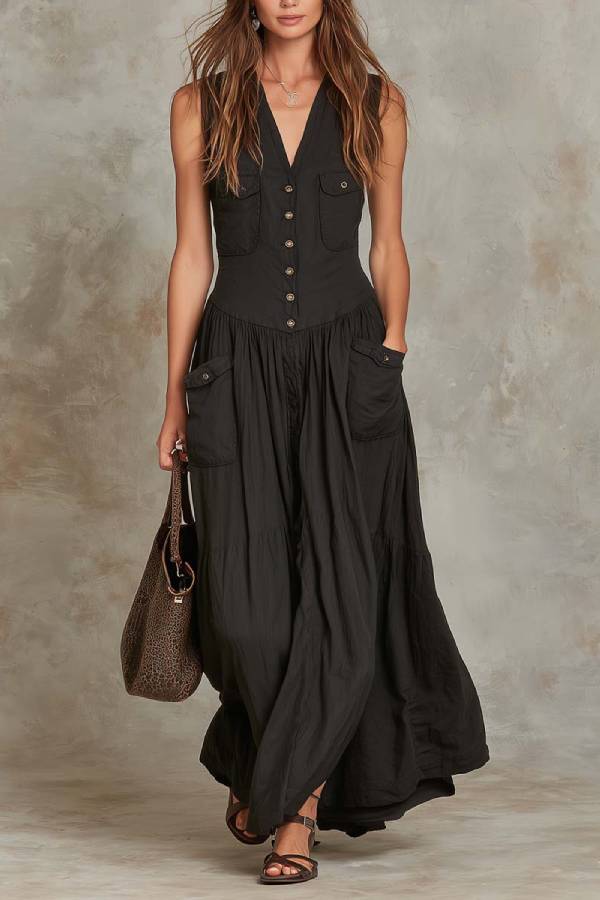 Black Sleeveless Maxi Dress With Pocket Buttons