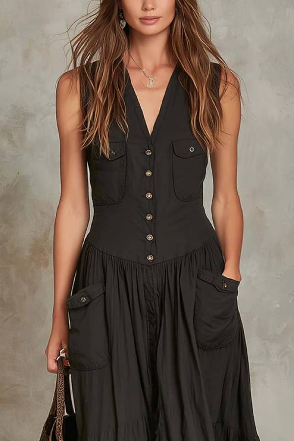 Black Sleeveless Maxi Dress With Pocket Buttons