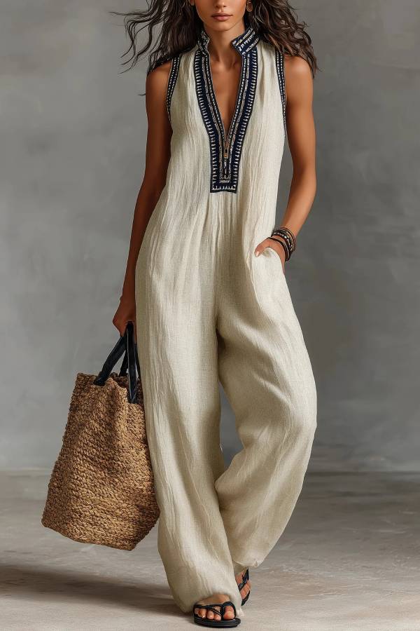 Minimalist stand-up collar zipper sleeveless jumpsuit