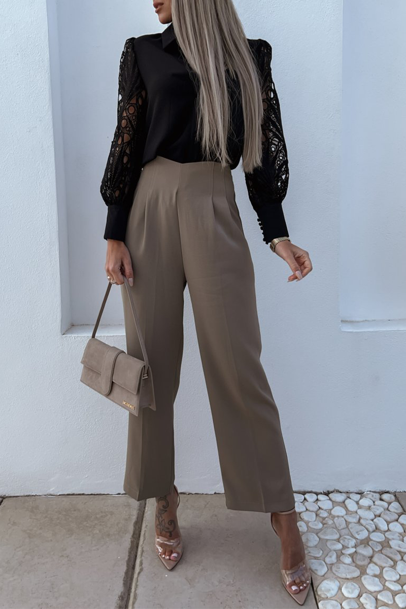 Casual Solid Lace Turndown Collar Tops