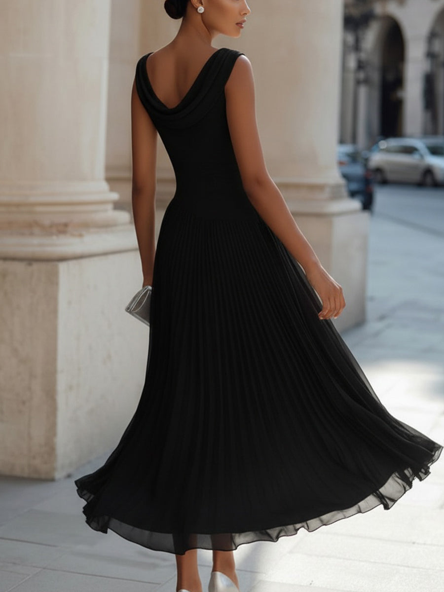 Draped Neck Sleeveless Pleated Midi Dress