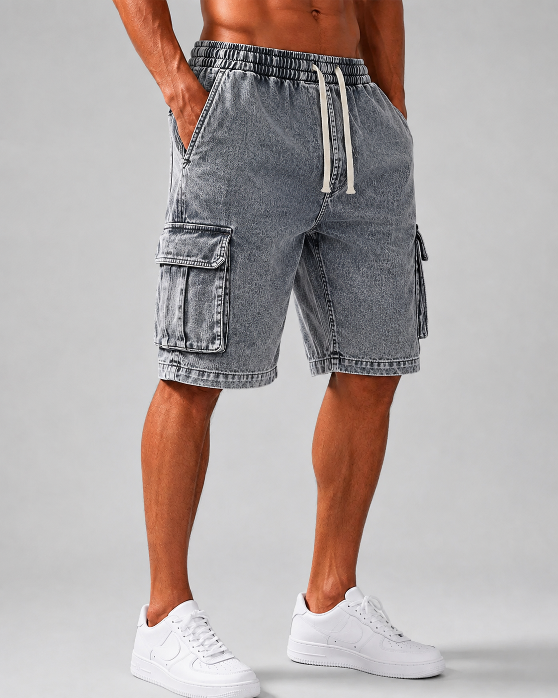 Men's Vintage-Washed Denim Multi-Pocket Multifunctional Shorts