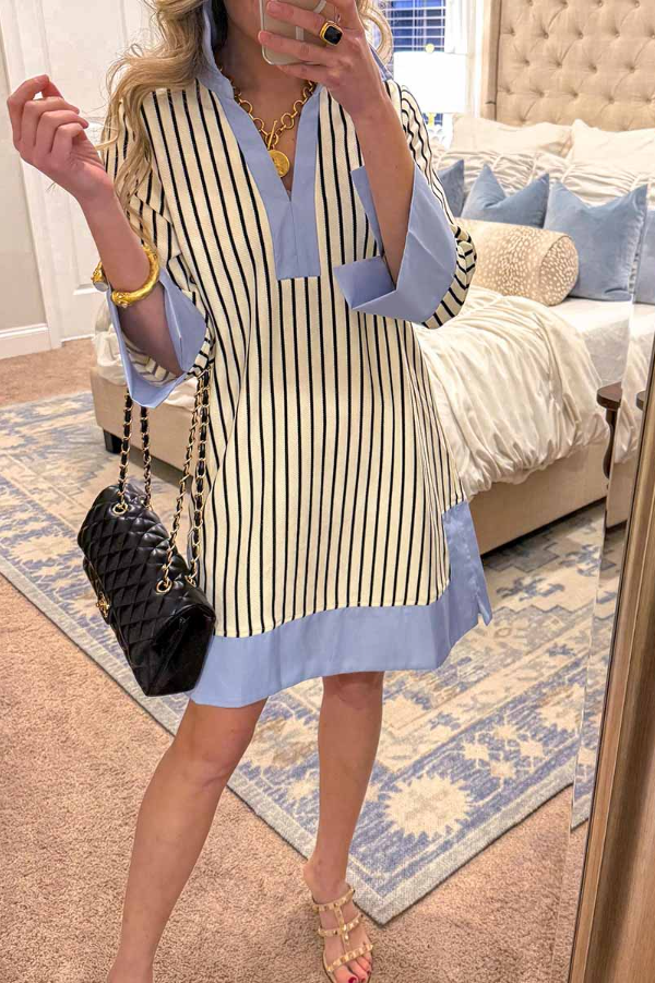 Women’s Striped V-Neck Three-Quarter Sleeve Casual Loose Cotton-Linen Dress