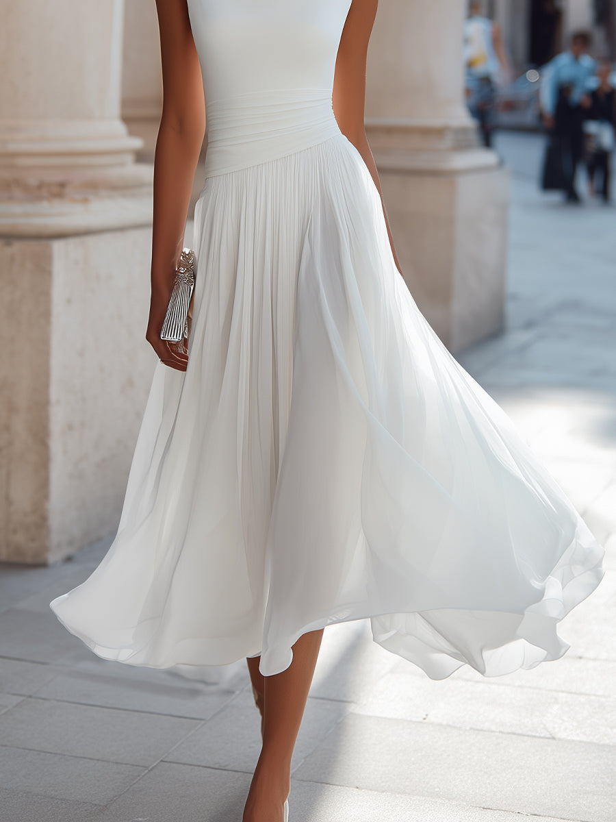 Draped Neck Sleeveless Pleated Midi Dress