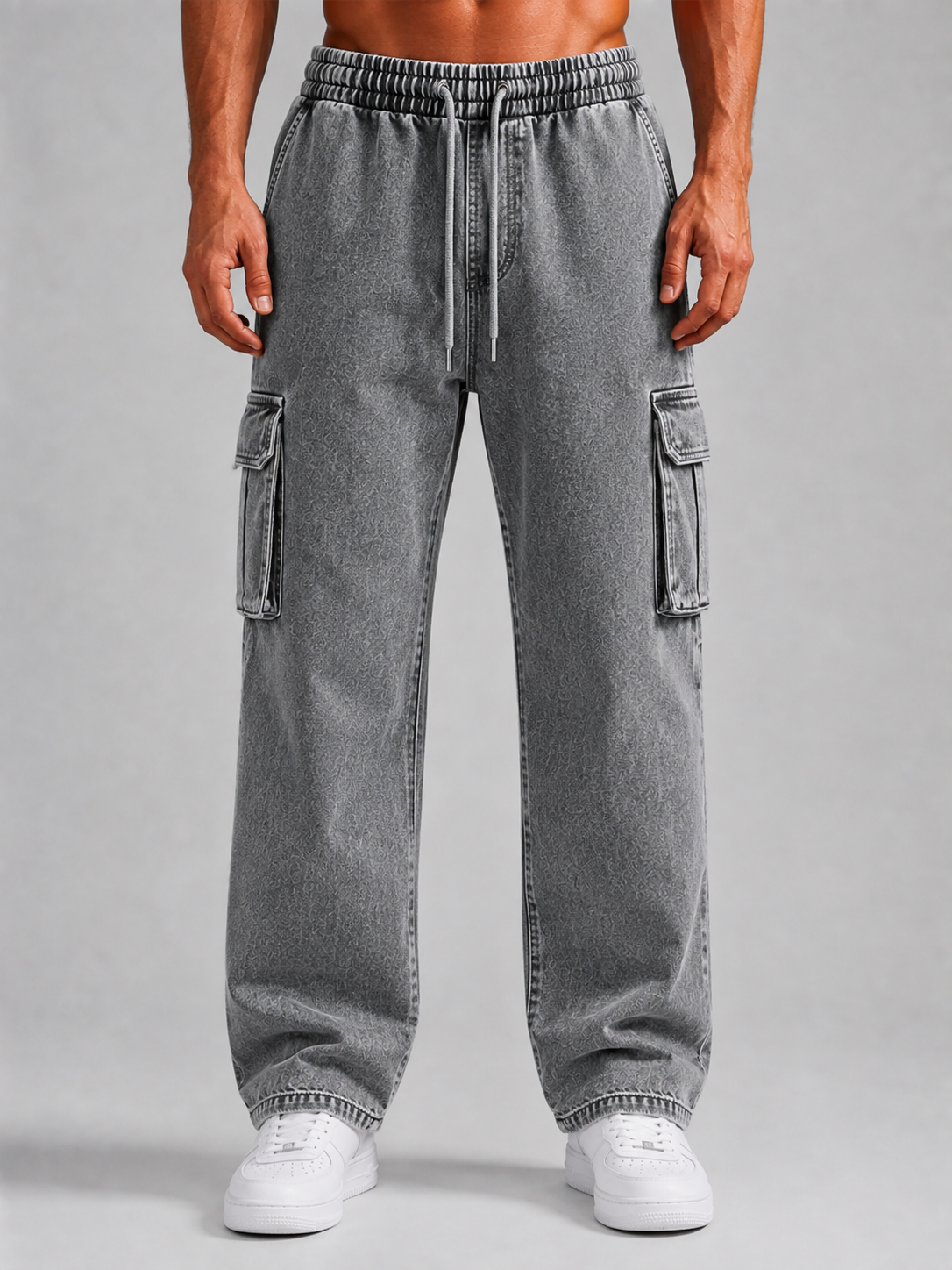 Men’s Vintage Washed Denim Multi-Pocket Drawstring Cargo Pants