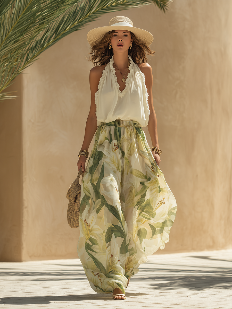 Romantic Vacation Chiffon Ruffled Sleeveless Top And Lily Print Pants Set