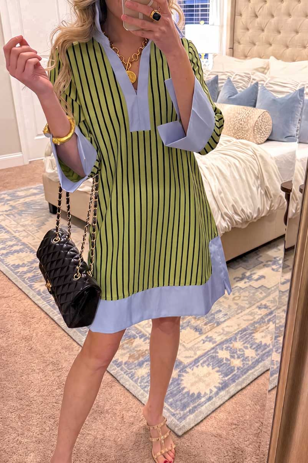 Women’s Striped V-Neck Three-Quarter Sleeve Casual Loose Cotton-Linen Dress