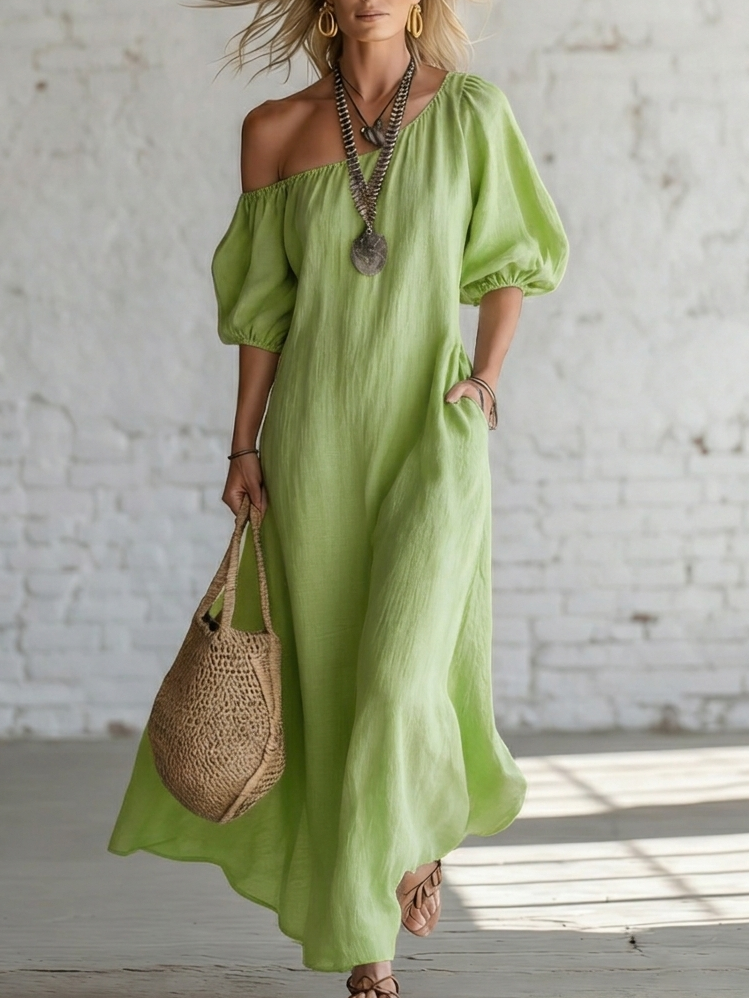 Elegant Minimalist Off-shoulder Linen Cotton Dress